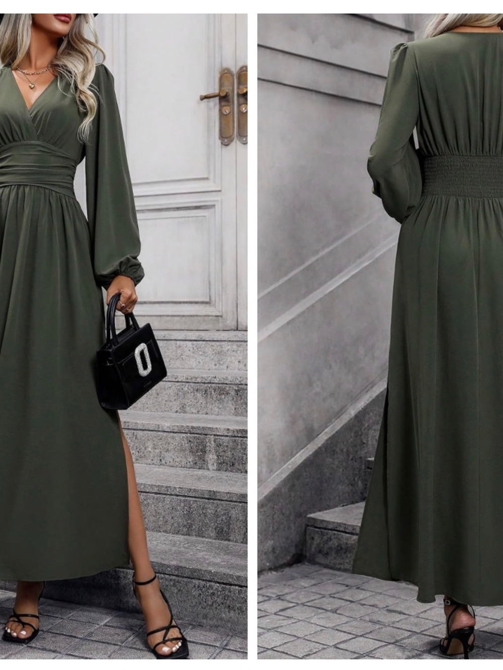 Olive Green V-Neck Long Sleeve Maxi Dress